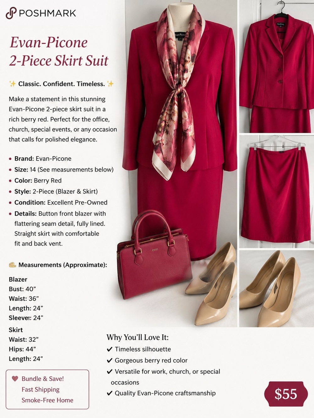 Evan Picone Berry Red Pencil Skirt Suit